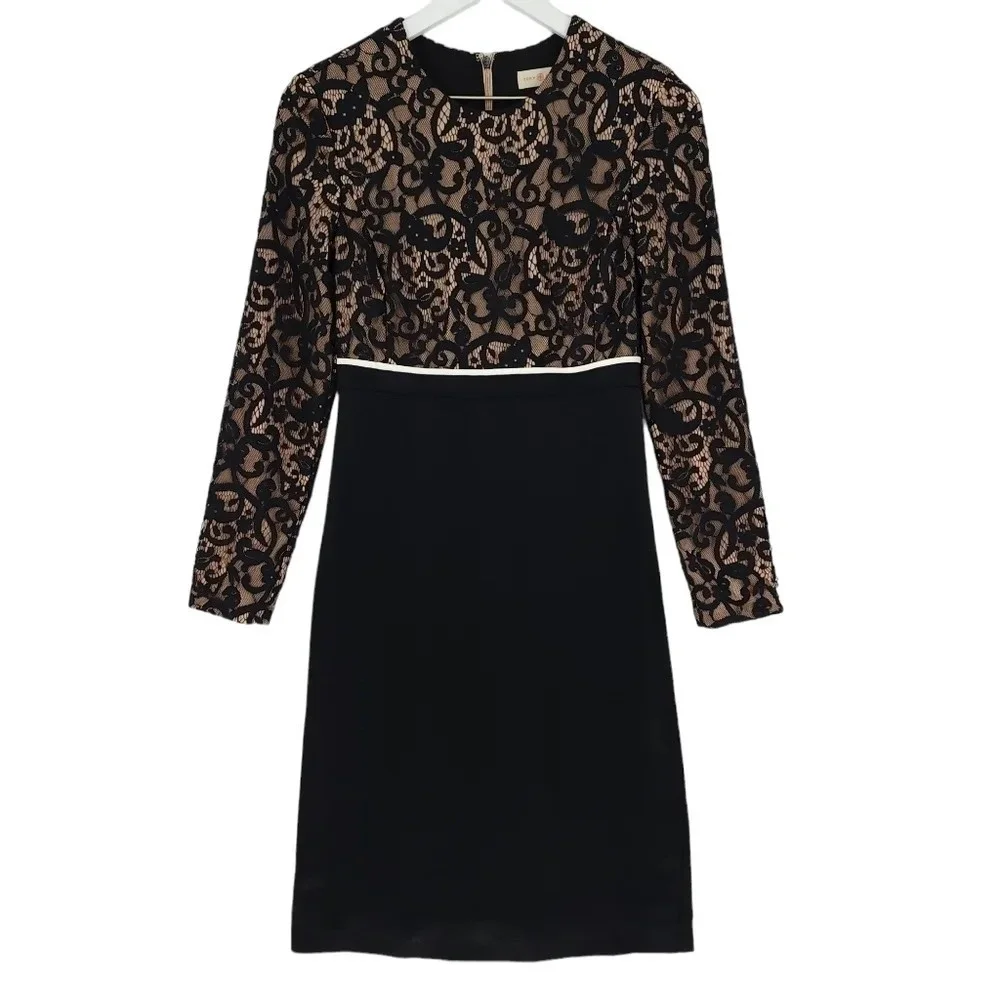 Tory Burch Black and Nude Lace Long-Sleeve Sheath Dress